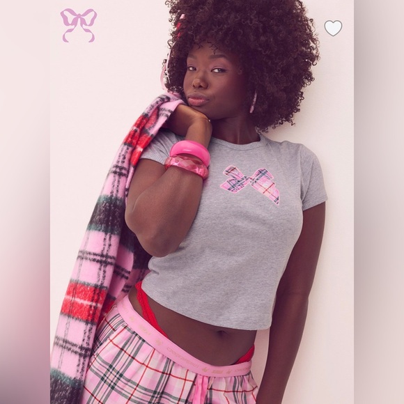 PINKxLoveShackFancy Gray Tee with sequin bow 🎀 and Pink Plaid Pajama Pants - Picture 2 of 9